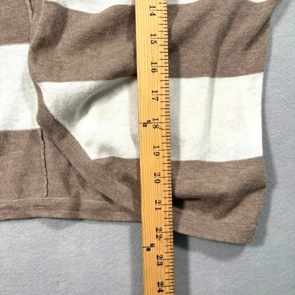 Forever‎ 21 Striped Cardigan Large Tan White Open Front Neutral Coastal Minimal